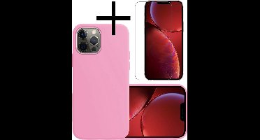 Hoesje - Met Screenprotector - Geschikt voor Apple iPhone 14 Pro - Sterk & Shockproof - Back Cover - Siliconen Case - Telefoon Hoes - Lichtroze