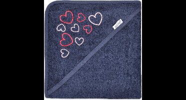 badcape hart navy | funnies | badcape met borduring | hartjes | blauw met roze | baby verzorging | zwemmen of badderen | 100% zuivere katoen, badstof | 80x80 cm
