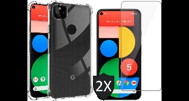 Hoesje geschikt voor Google Pixel 5 - Transparant Shock Proof Cover Case + 2x Screenprotector Tempered Glass Screen Protector Glas