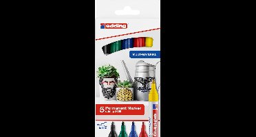 edding 3000 permanent marker - 5 kleuren - 5 stiften - ronde punt - 1,5-3 mm - water en wrijfvast - voor karton, kunststof, hout, metaal, etc. - alcohol markers voor volwassenen