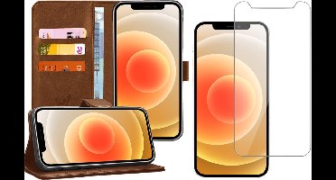 Hoesje geschikt voor iPhone 12 / 12 Pro - Screen Protector GlassGuard - Book Case Kunstleer Pasjeshouder Bruin & Screenprotector