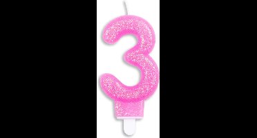 Wefiesta Cijferkaars 3 Glitter 7 Cm Wax Roze