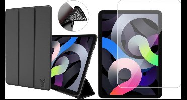 Hoesje geschikt voor iPad Air 2022 / 2020 10.9 - Trifold Smart Book Case Cover Kunstleer Zwart - Tempered Glass Screenprotector