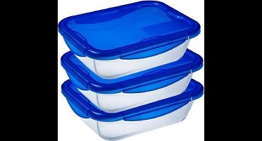 Pyrex - Cook & Go - Rechthoekige Schaal Met Deksel - Set van 3 Stuks - 0.8L - Glas - Blauw