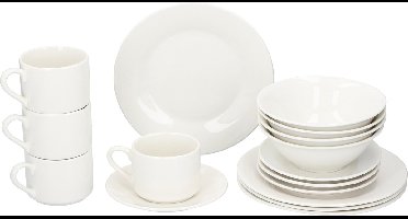 alpina Serviesset 16-Delig - Bordenset Ontbijt 4 Persoons - Aardewerk Servies - Ontbijtborden, Kommen, Mokken en Schotels - Magnetron en Vaatwasser Bestendig - Wit