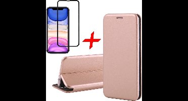 Hoesje geschikt voor iPhone 11 - book case cover Kunstleer wallet roségoud + Screenprotector glas tempered glass screen protector full screen