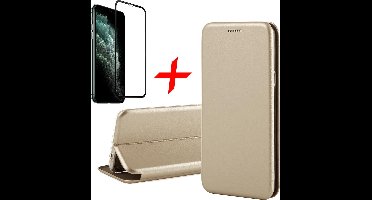 Hoesje geschikt voor iPhone 11 Pro - Screen Protector FullGuard - Book Case Kunstleer ThinShield Goud & Screenprotector