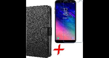 Hoesje geschikt voor Samsung Galaxy A6 (2018) - Kunstlederen Book Case Siliconen TPU Zwart + Screenprotector Gehard Glas - van iCall