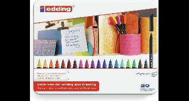 edding 1200 viltstiften - set van 20 kleurstiften in luxe metalen box - ronde punt 1 mm - inkt op waterbasis - voor schrijven, schetsen en lay-outs op lichtgekleurd papier