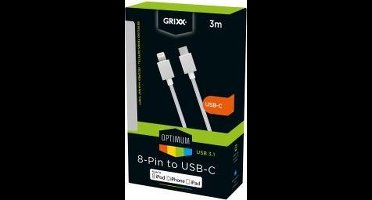Grixx Optimum Cable USB-C to 8-pin Apple MFI License Nylon - lengte 3m - kleur wit