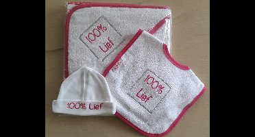 Funnies Babysetje 100% Lief Wit/Fuchia - badcape/slabbertje/mutsje