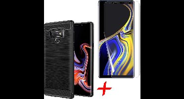 Geborsteld Hoesje + Screenprotector PET geschikt voor Samsung Galaxy Note 9 Soft TPU Gel Siliconen Case Zwart - van iCall