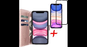 Hoesje geschikt voor iPhone 11 - Screen Protector FullGuard - Book Case Kunstleer Pasjeshouder Rosegoud & Screenprotector