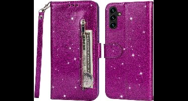 Portemonnee Hoesje - Wallet Case - Rits Sparkly Glitter - Telefoonhoes met Kord Geschikt voor: Samsung Galaxy A34 4G & 5G - Paars