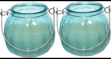 Decoris citronella kaarsen - 2x - in gekleurd glas - 15 branduren - 8 cm - blauw
