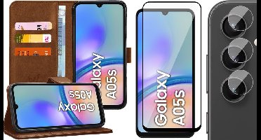 Hoesje geschikt voor Samsung Galaxy A05s - Screenprotector Volledig Dekkend Glas & Camera - Portemonnee Book Case Bruin