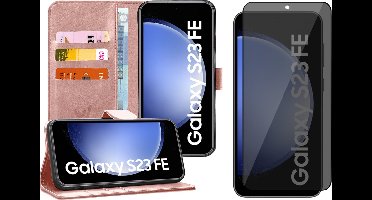 Hoesje geschikt voor Samsung Galaxy S23 FE - Privacy Screenprotector Volledig Dekkend Glas - Portemonnee Book Case Rosegoud