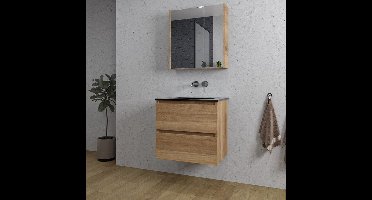 Saniclass Chaci Badkamermeubelset - 60x46x55cm - keramische wastafel zwart - 1 wasbak - zonder kraangat - 2 lades - spiegelkast - eiken