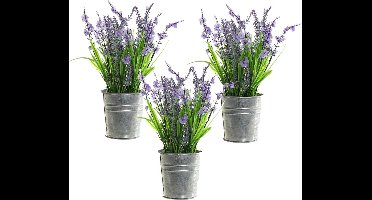 3x stuks lavendel kunstplanten/kamerplanten paars in grijze sierpot H28 cm x D18 cm - Kunstplanten/nepplanten