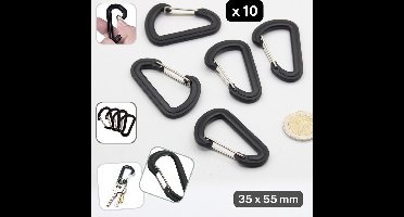 Set van 10 KUNSTSTOF KARABIJNHAKEN/SLEUTELHANGERS, Maat 35x55MM, Kleur ZWART+ZILVER