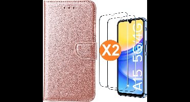 Hoesje geschikt voor Samsung Galaxy A15 5G / 4G hoesje bookcase Rose Goud - Met screenprotector tempered glass Galaxy A15 - 2x