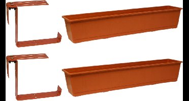 Set van 5 kunststof plantenbakken terracotta rechthoekig 80 cm met 10 verstelbare railing beugels