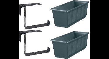 Set van 4 kunststof plantenbakken grijs rechthoekig 60 cm met 8 verstelbare railing beugels