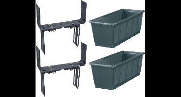 Set van 2 kunststof plantenbakken antraciet grijs rechthoekig 60 cm met 2 verstelbare balkon/muurbeugels