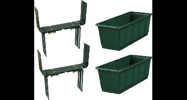 Set van 2 kunststof plantenbakken donkergroen rechthoekig 40 cm met 4 verstelbare balkon/muurbeugels