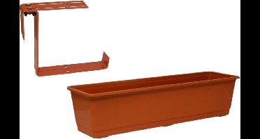 Kunststof plantenbak terracotta rechthoekig 60 cm met 2 verstelbare railing beugels