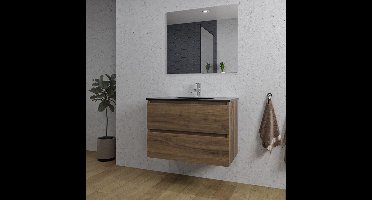 Saniclass Chaci Badkamermeubelset - 80x46x55cm - keramische wastafel zwart - 1 wasbak - 1 kraangat - 2 lades - rechthoekige spiegel - noten (hout)