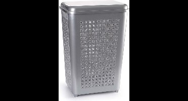 Plasticforte Wasmand met deksel - 50 liter - zilverkleurig - kunststof - 41x31x61 cm