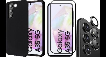 Hoesje geschikt voor Samsung Galaxy A35 - Screenprotector Volledig Dekkend Glas & Camera Protector - Mat Back Case Zwart
