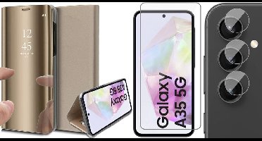 Hoesje geschikt voor Samsung Galaxy A35 - Screenprotector Glas & Camera - Spiegel Book Case Goud