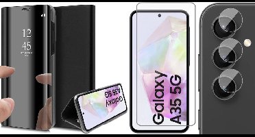 Hoesje geschikt voor Samsung Galaxy A35 - Screenprotector Glas & Camera - Spiegel Book Case Zwart