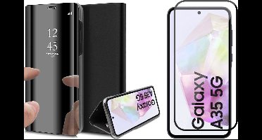 Hoesje geschikt voor Samsung Galaxy A35 - Screenprotector Volledig Dekkend Glas - Spiegel Book Case Zwart