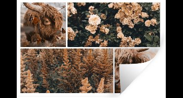 Muurstickers - Sticker Folie - Schotse hooglander - Bloemen - Planten - Bruin - 30x20 cm - Plakfolie - Muurstickers Kinderkamer - Zelfklevend Behang - Zelfklevend behangpapier - Stickerfolie