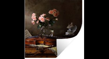 Muurstickers - Sticker Folie - Viool - Stilleven - Bloemen - 30x30 cm - Plakfolie - Muurstickers Kinderkamer - Zelfklevend Behang - Zelfklevend behangpapier - Stickerfolie