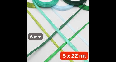 5 Rollen SATIJNLINT ENKELZIJDIG, Breedte 6MM, Mix GROEN en BLAUW (set A), Decoratie voor Bruiloft, Ceremonie, Feest, Verpakking, Cadeau, Verjaardag en Boeket Bloemen