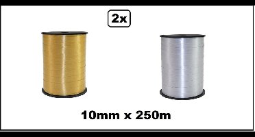 2x Krullint goud en zilver 10mm x 250meter - krul lint thema feest decoratie kado kado gold verjaardag
