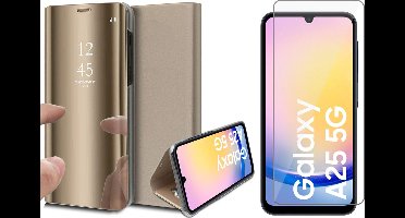 Hoesje geschikt voor Samsung Galaxy A25 / A24 - Screenprotector Glas - Spiegel Book Case Goud