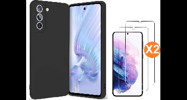 Hoesje Geschikt Voor Samsung Galaxy S21 FE Hoesje siliconen Zwart zacht siliconen hoesje TPU backcover - Met Screenprotector - 2 stuks