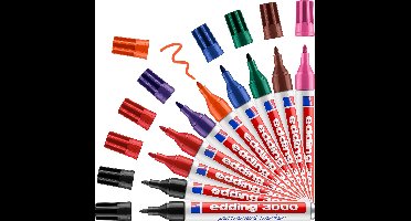 edding 3000 permanent marker - 10 kleuren - 10 stiften - ronde punt 1,5-3 mm - water en wrijfvast - voor karton, kunststof, hout, metaal, etc. - alcohol markers voor volwassenen