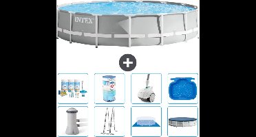 Intex Rond Prism Frame Zwembad - 457 x 107 cm - Grijs - Inclusief Pomp - Ladder - Grondzeil - Afdekzeil Onderhoudspakket - Filter - Stofzuiger - Voetenbad