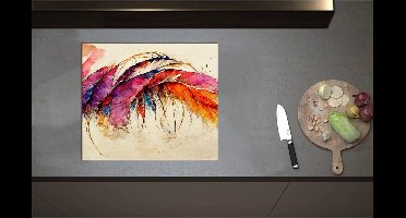 Inductieplaat Beschermer - Aquarel Tekening van Rij Kleurrijke Dierenveren - 60x52 cm - 2 mm Dik - Inductie Beschermer - Bescherming Inductiekookplaat - Kookplaat Beschermer van Zwart Vinyl