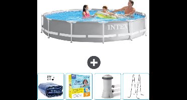 Intex Rond Prism Frame Zwembad - 366 x 76 cm - Grijs - Inclusief Solarzeil - Onderhoudspakket - Zwembadfilterpomp - Ladder