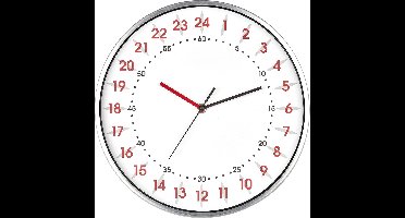 TFA Dostmann Analoge wandklok met 24-uurs weergave, 60.3069.02, met rode uur- en zwarte minutencijfers, aluminium frame, glazen deksel, wit
