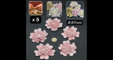 5 SUEDE BLOEMEN met Transparant Hartje, Diameter 87MM, om op te Naaien, Kleur OUD ROZE