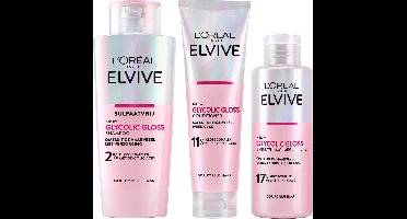 L'Oréal Paris Elvive Glycolic Gloss Ultimate Bundle - Shampoo 200ml, Conditioner 150ml & 5 min Lamellaire Haarverzorging 200ml - dof en poreus haar