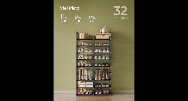 Schoenenrek verstelbaar - schoenenstandaard met 8 niveaus - opbergrek - stalen buizen - vliesstof - voor maximaal 32 paar schoenen - ruimtebesparend - inktzwart